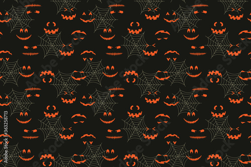 Halloween face in cobweb seamless pattern. Spooky jack vector hand drawn illustration  for print design, fabric, textile, wallpaper, wrapping paper.