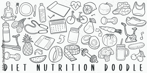 Diet and Nutrition Doodle Line Art Illustration. Hand Drawn Vector Clip Art. Banner Set Logos.