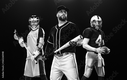 Baseball player with bat, american football player in helmet with ball, lacrosse player with stick. photo