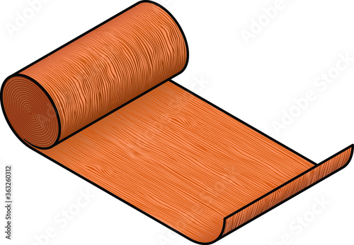 A roll of industrial material: wood veneer (red / cherry).