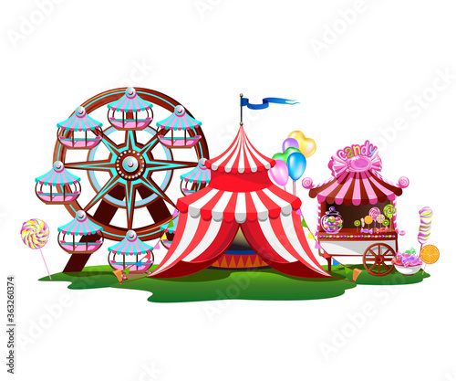 Fairytale amusement park with a Ferris wheel, a circus tent and sweets. Colorful vector illustration.
