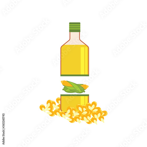 corn oil in the bottle with corn isolated on white background. vector illustration