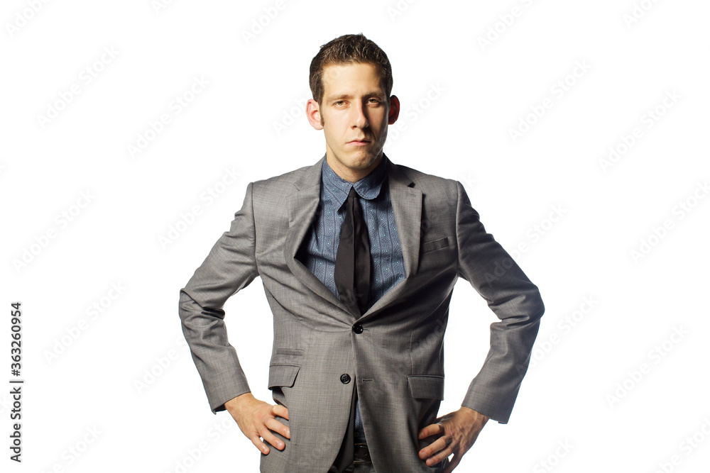 Fototapeta premium Close up portrait of funny man with emotions isolated on white background