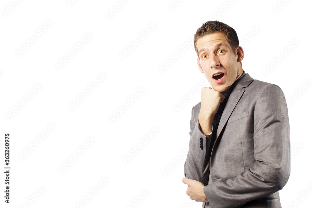 Close up portrait of funny man with emotions isolated on white background