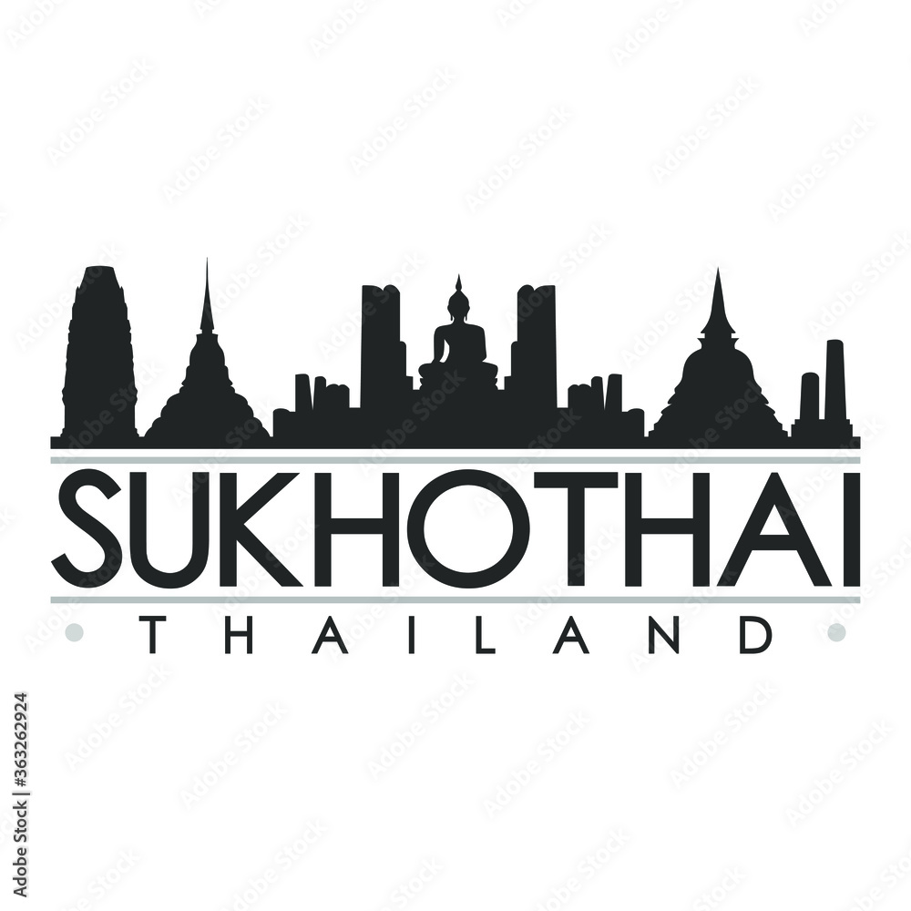 Fototapeta Sukhothai Tajlandia Asia Skyline sylwetka projekt sztuka wektor miasta słynnych budynków.