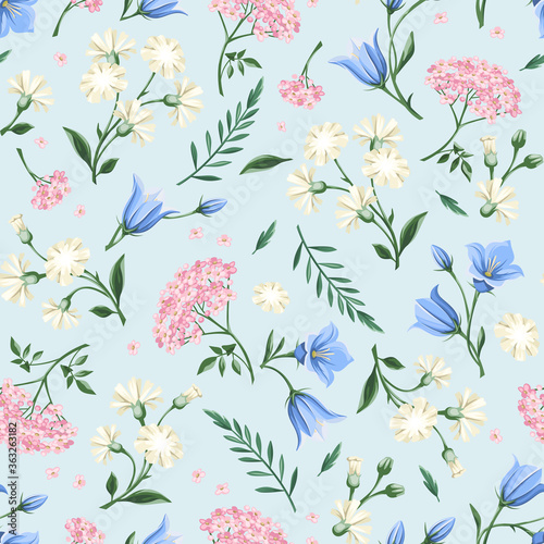 Vector floral seamless pattern with pink, white and blue flowers on a light blue background.