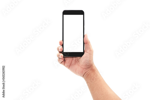 Hand holding, New version of black slim smartphone similar to iphone x with blank white screen from Apple generation 10 , Front mockup model similar to iPhonex , Background of digital economy.