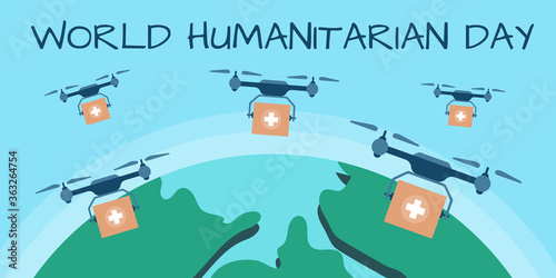 World Humanitarian Day concept. Quadrocopter delivering medicine, drone pharmacy delivery. Flat vector illustration.