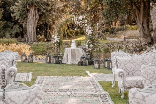 Setup for an elegant wedding ceremony in the garden
