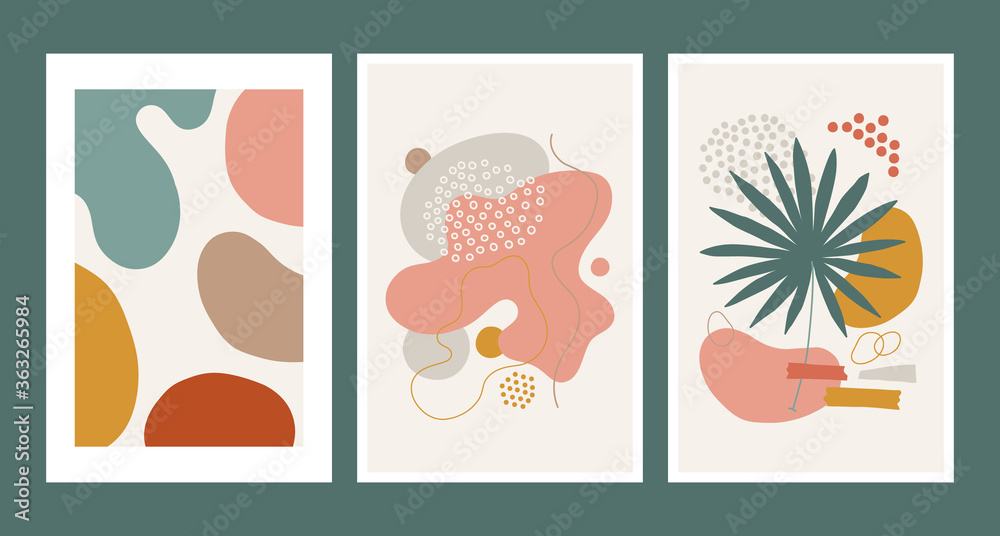 Poster collection with palm leaf, liquid geometric shapes, lines, dots
