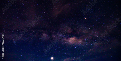 Panorama blue night sky milky way and star on dark background.Universe filled  nebula and galaxy with noise and grain.Photo by long exposure and select white balance.Dark night sky.