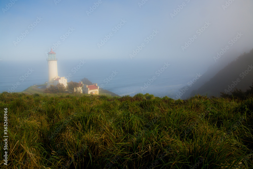 North Head Lighthouse in the fog, on the south Washington coast at the mouth of the Columbia River.