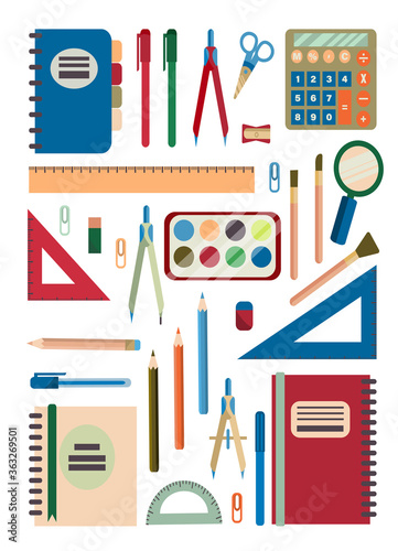 Set of school accessories. Back to school. Collection of tools for drawing and writing, a set of paints, a calculator is isolated on a white background. Vector illustration in flat style.