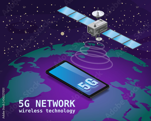 Global 5G internet network satellite communication. Satellites flying orbital upon Earth