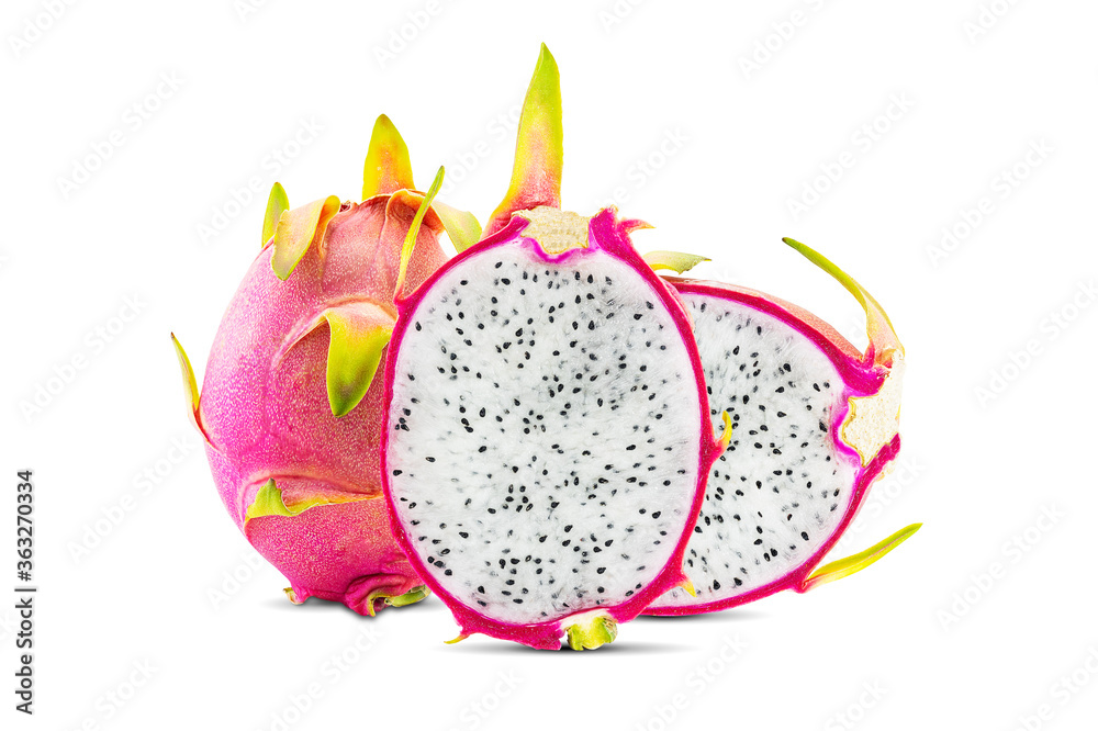 Dragon fruit whole and half isolated on white background with clipping path Dragon fruit whole and half isolated on white background with clipping path