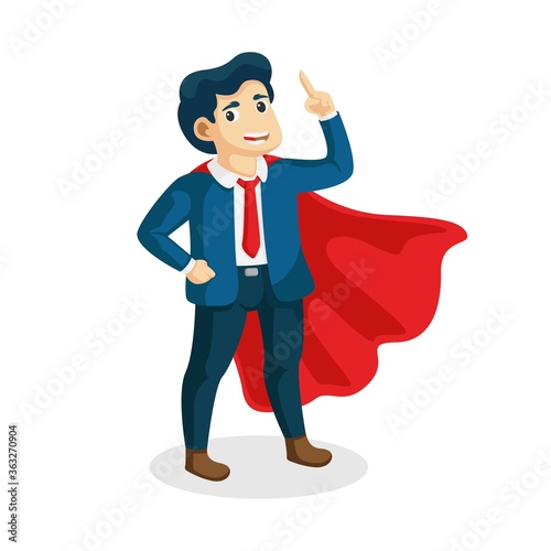 Young super business man, executive worker in superhero cloak. brandishing index number one sign.Motivation and ambition, ceo manager winner confident employee in suit vector illustration.