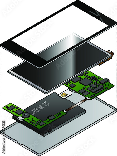 An exploded diagram showing the internal components of a smart phone.