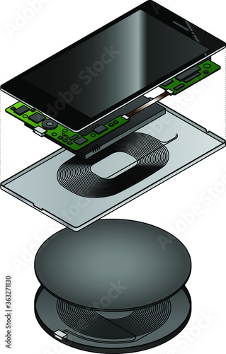 An exploded diagram showing the internal components of a smart phone with a wireless charging induction loop and a wireless charging unit / base station.