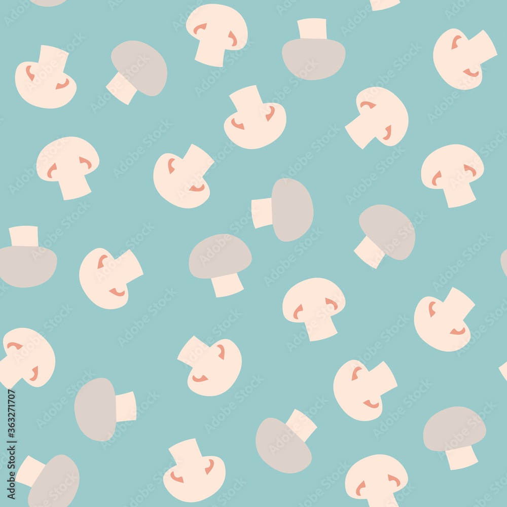 Сhampignon seamless pattern. Flat design. Cartoon mushrooms on blue.
