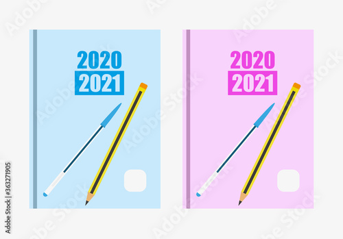 Agendas de color azul y rosa con lápiz y bolígrafo.