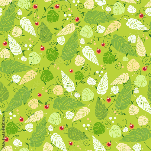 Vector seamless pattern of leaves and berries. Green, burgundy colors. Background for textile, cloth design, book and diary covers, wallpapers, print, gift packaging and scrapbook