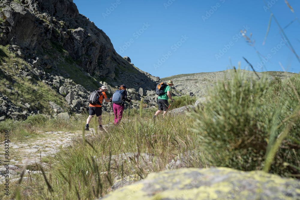 Three hikers climbing the Sierra de Gredos in Avila, Castilla Leon, Spain, Europe. Two men and a woman.