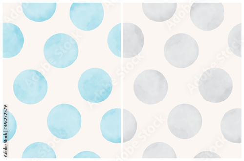 Cute Hand Drawn Abstract Irregular Polka Dots Vector Patterns. Gray and Blue Watercolor Style Dots on an Off-White Background. Bright Simple Dotted Repeatable Print. Pastel Color Geometric Backdrop.