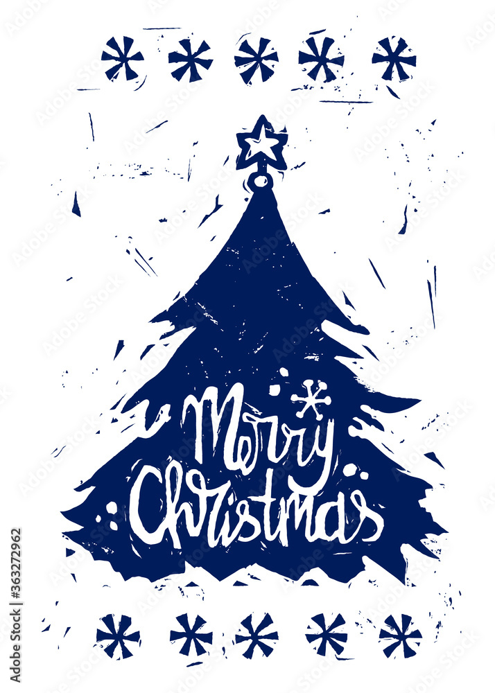 Linocut imitation Merry Christmas card. Vector design.