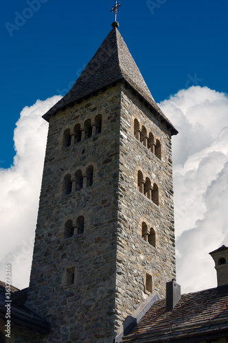 Herz-Jesu-Kirche, Church of the Sacred Heart (1911) in Romanesque style in the small village of Samedan, tourist resort in Engadin valley, Graubunden canton, Maloja region, Switzerland, Europe 