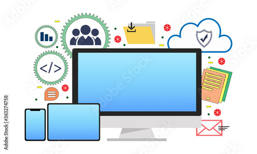 Software development concept. Set of  icons and illustrations representing development process. Code, laptop, cloud, process, workflow icons.