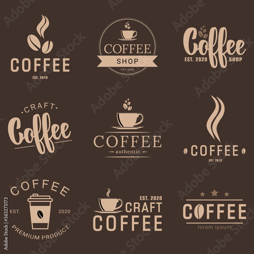 Set of logos for a coffee shop, coffee shop or cafe. Emblems, badges, stickers. Elements of design. Hand lettering.