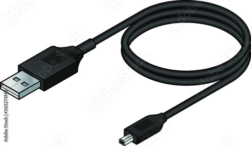 A USB (universal serial bus) cable. USB 2.0 type A to mini B (4-pin).