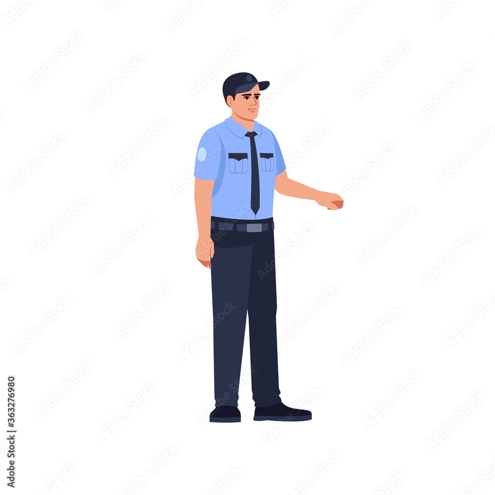 Police officer in uniform semi flat RGB color vector illustration. Male guard. Bank security man. Law enforcement representative. Policeman isolated cartoon character on white background