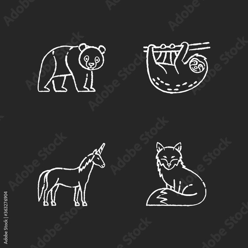 Common and fantasy animals chalk white icons set on black background. Panda bear, sloth, fox and magic unicorn. Tropical zoo inhabitants, exotic wildlife. Isolated vector chalkboard illustrations