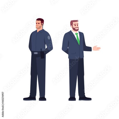 Bank employees semi flat RGB color vector illustration set. Businessman in suit. Police officer. Financial advisor and security guard isolated cartoon character on white background collection