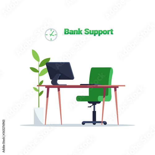 Bank support manager workplace semi flat RGB color vector illustration. Desk with computer for online consultation. Financial department workspace furniture isolated cartoon object on white background