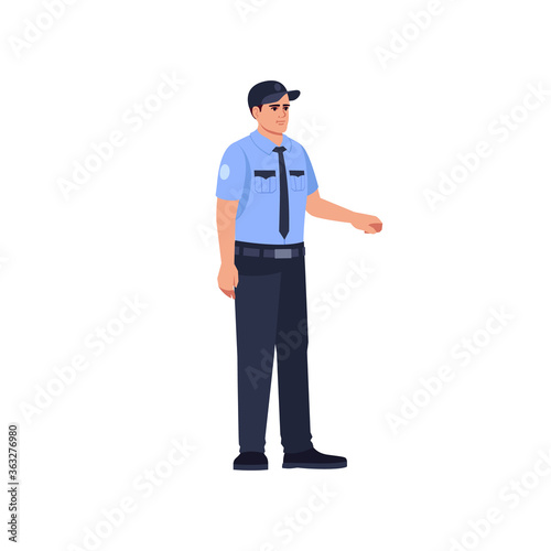 Police officer in uniform semi flat RGB color vector illustration. Male guard. Bank security man. Law enforcement representative. Policeman isolated cartoon character on white background