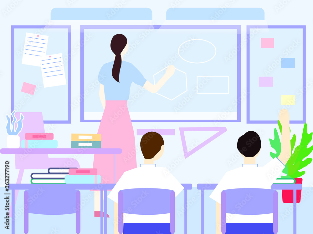 Teacher explains material to his students, vector graphics Teacher explains material to his students, vector graphics