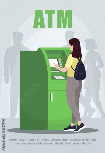 ATM poster template. Available money withdrawal. Terminal for money. Commercial flyer design with semi flat illustration. Vector cartoon promo card. Banking services advertising invitation