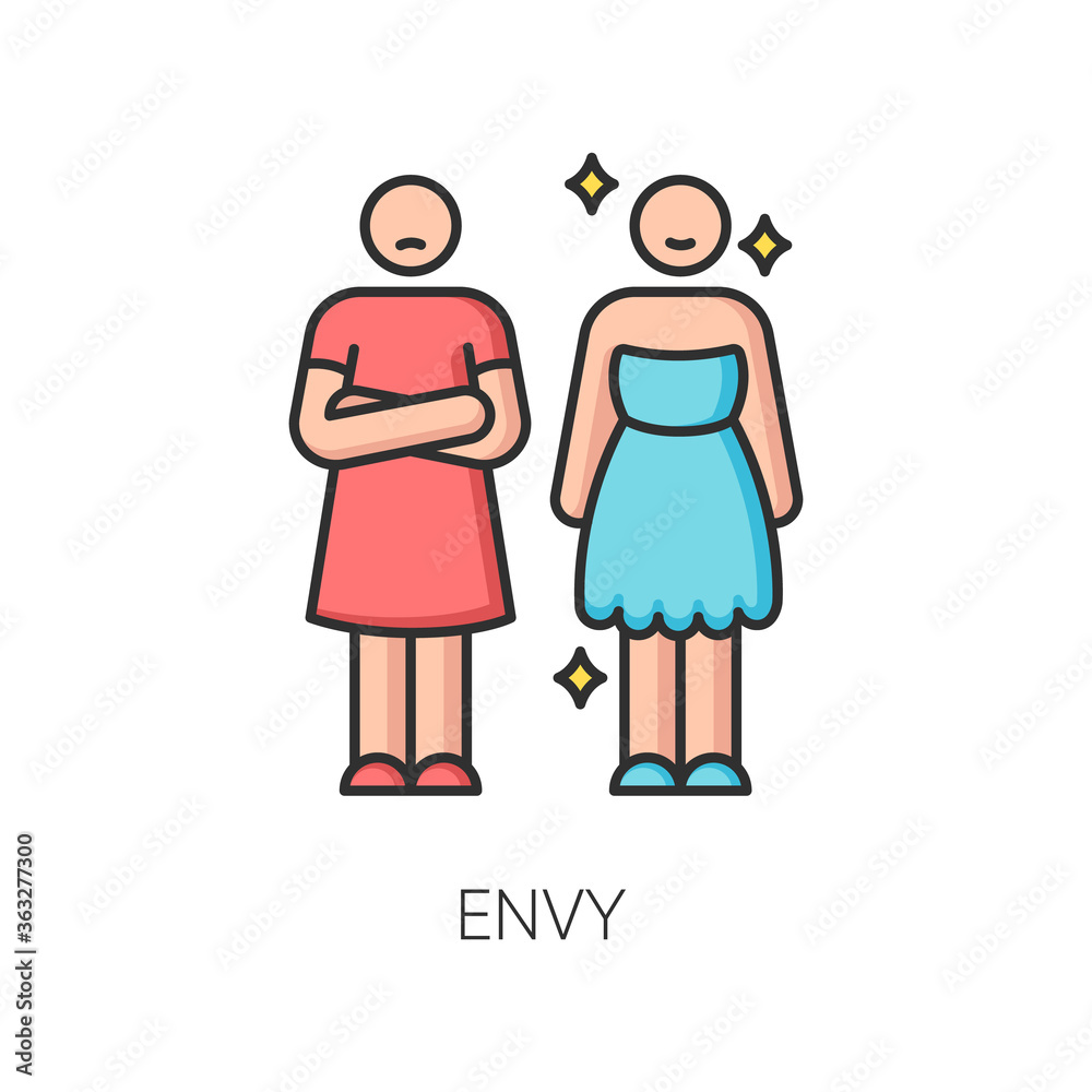 Envy RGB color icon. Negative emotion, human feeling, bad personality trait. Jealousy, mental displeasure. Happy and envious person isolated vector illustration