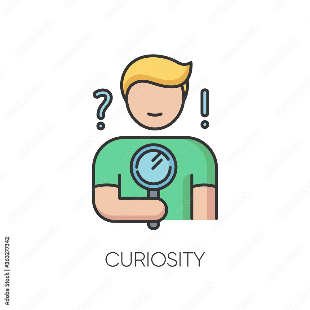 Curiosity RGB color icon. Human feeling, personal quality. Search for answer, problem solution. Curious person holding magnifying glass. Isolated vector illustration Curiosity RGB color icon. Human feeling, personal quality. Search for answer, problem solution. Curious person holding magnifying glass. Isolated vector illustration