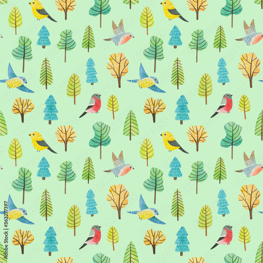 Fototapeta Seamless forest patterns with trees and birds. Watercolor hand-drawn.