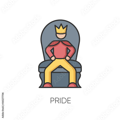 Pride RGB color icon. Arrogant behaviour, feeling of self importance. High minded, haughty temperament. Proud person sitting on throne isolated vector illustration