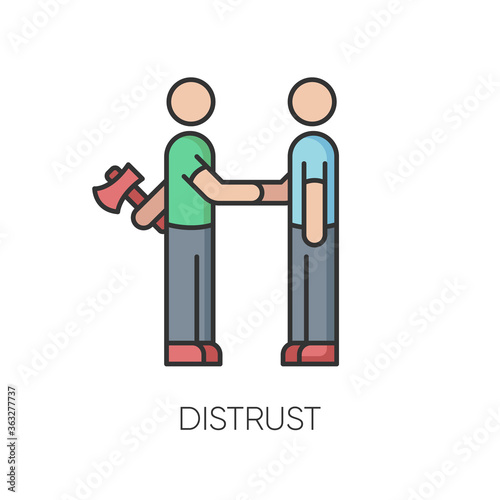 Distrust RGB color icon. Lack of trust, insecurity, betrayal. Negative mindset. Untrustworthy behaviour. Shaking hands with traitor isolated vector illustration