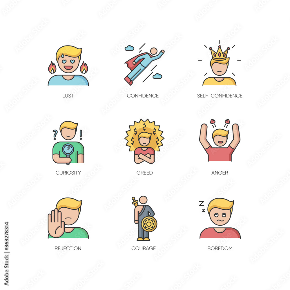 Human emotions RGB color icons set. Different psychological states and negative emotions. Emotional behaviour, personal qualities. Isolated vector illustrations