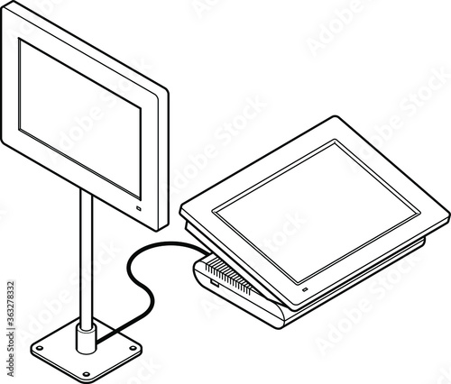 Point of sale (POS) equipment: a touchscreen cash register connected to a customer display / screen.