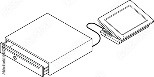 Point of sale (POS) equipment: a touchscreen cash register connected to a cash drawer.