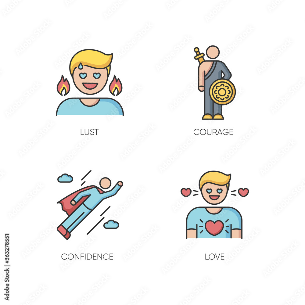 Good feelings and qualities RGB color icons set. Positive mood, emotions and personality traits. Confidence, courage, lust and love. Isolated vector illustrations