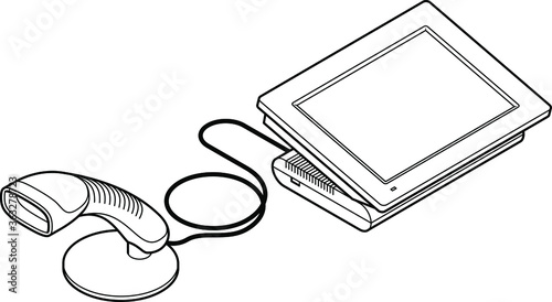 Point of sale (POS) equipment: Point of sale (POS) equipment: a touchscreen cash register connected to a handheld barcode scanner.