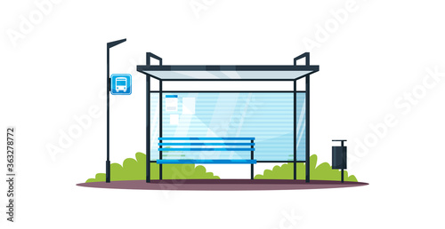 Empty bus station semi flat RGB color vector illustration. Bus shelter with no people. Public transport. Modern infrastructure and transportation. Isolated cartoon object on white background